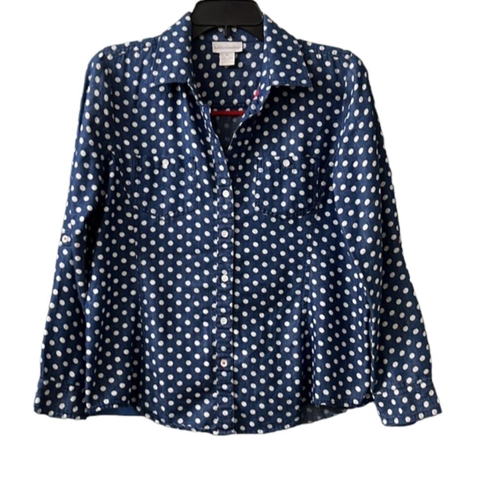 Soft Surroundings Women’s Navy & White Polka Dot Button-Down Shirt Size Small